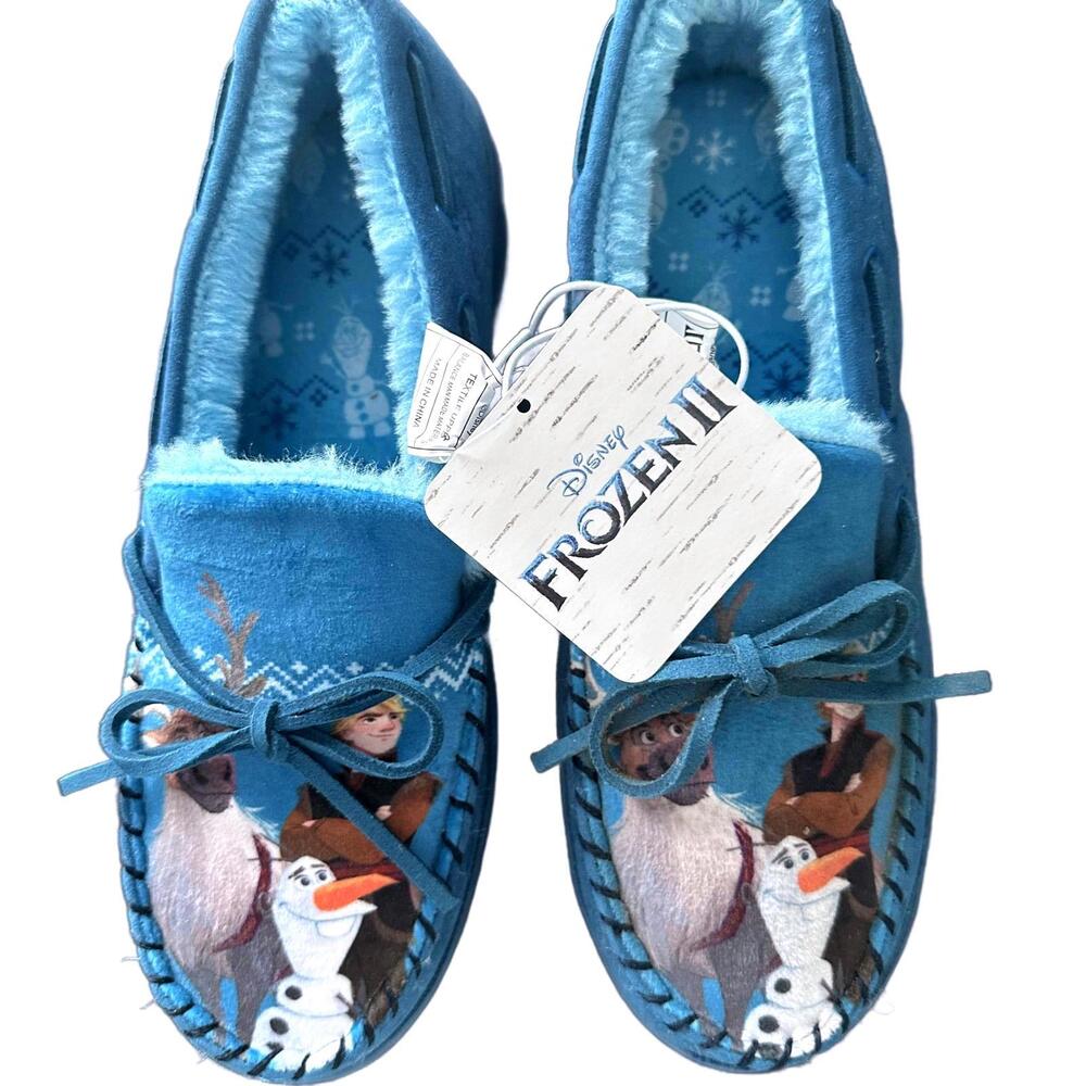 NWT Disney Frozen II Blue Plush Moccasin Slippers - Men Size 7/8 Women 8.5/9